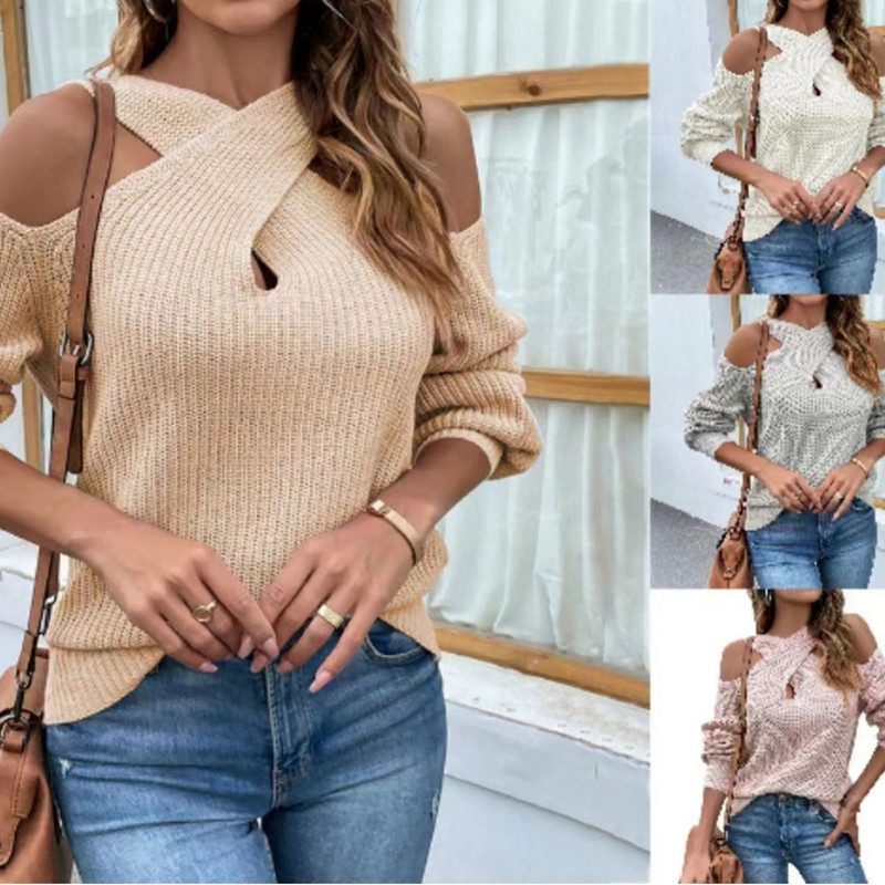 Women's new solid color off-the-shoulder cross backless collar lantern sleeve women's sweater_voghion.com