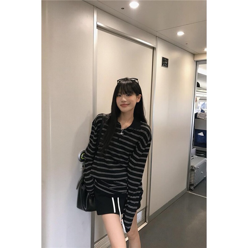 实拍 韩版休闲宽松中长款条纹T恤POLO领冰丝防晒针织衫女装87715|undefined