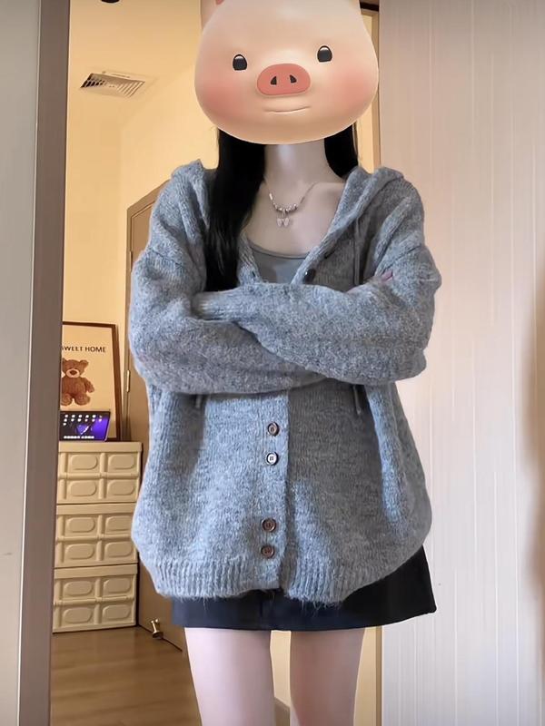 灰色连帽毛衣开衫外套女秋冬季韩系穿搭oversize慵懒风针织衫上衣|undefined