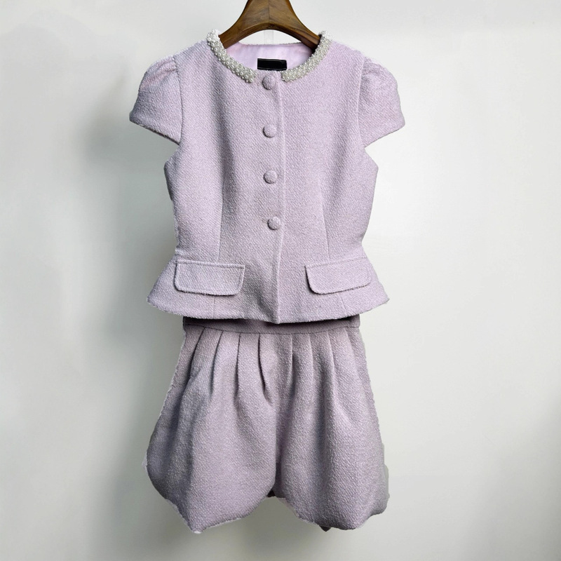 Chanel-Style Top and Skirt Set 2026 Spring Puff Sleeve Round Neck Shirt and Floral Short Skirt Casual Two-Piece Set