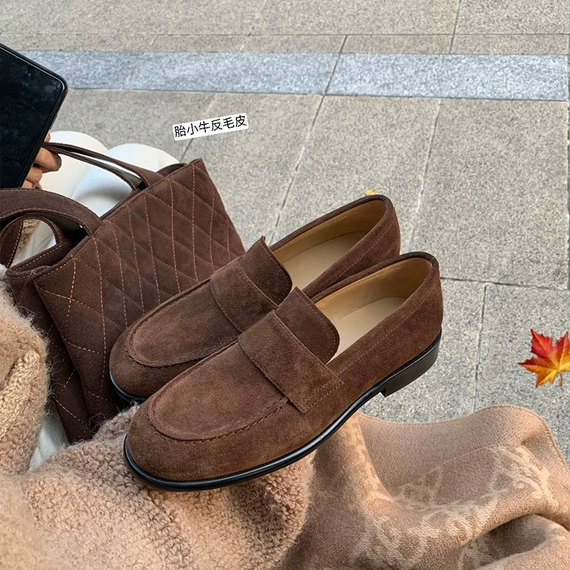Туфли из кожи мелкой Mom, женские ретро британский стиль, однотонная толсто-носая подошва, круглая головка, простой педальный lazy Lefu обувь