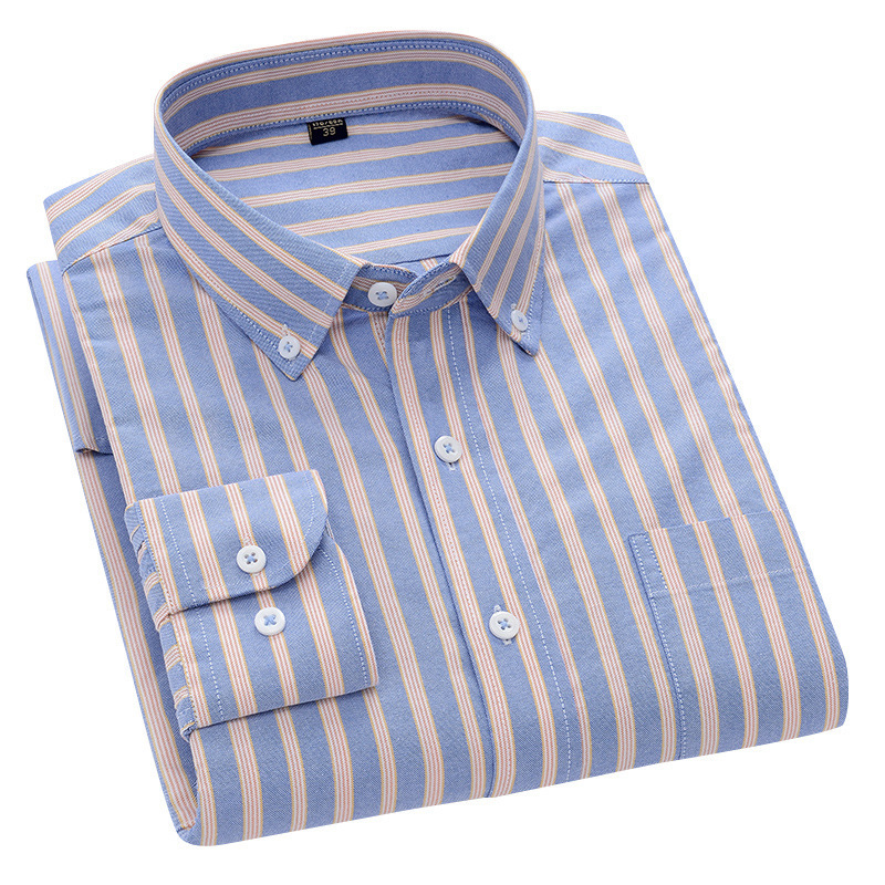 New Oxford Vertical Stripe Cotton Long Sleeve Men's Shirt Casual Business Breathable Moisture-absorbing Pocket Plaid