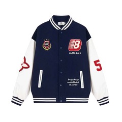 美式复古学院风盾徽撞色毛巾绣字母棒球服男女潮牌宽松拼接外套潮