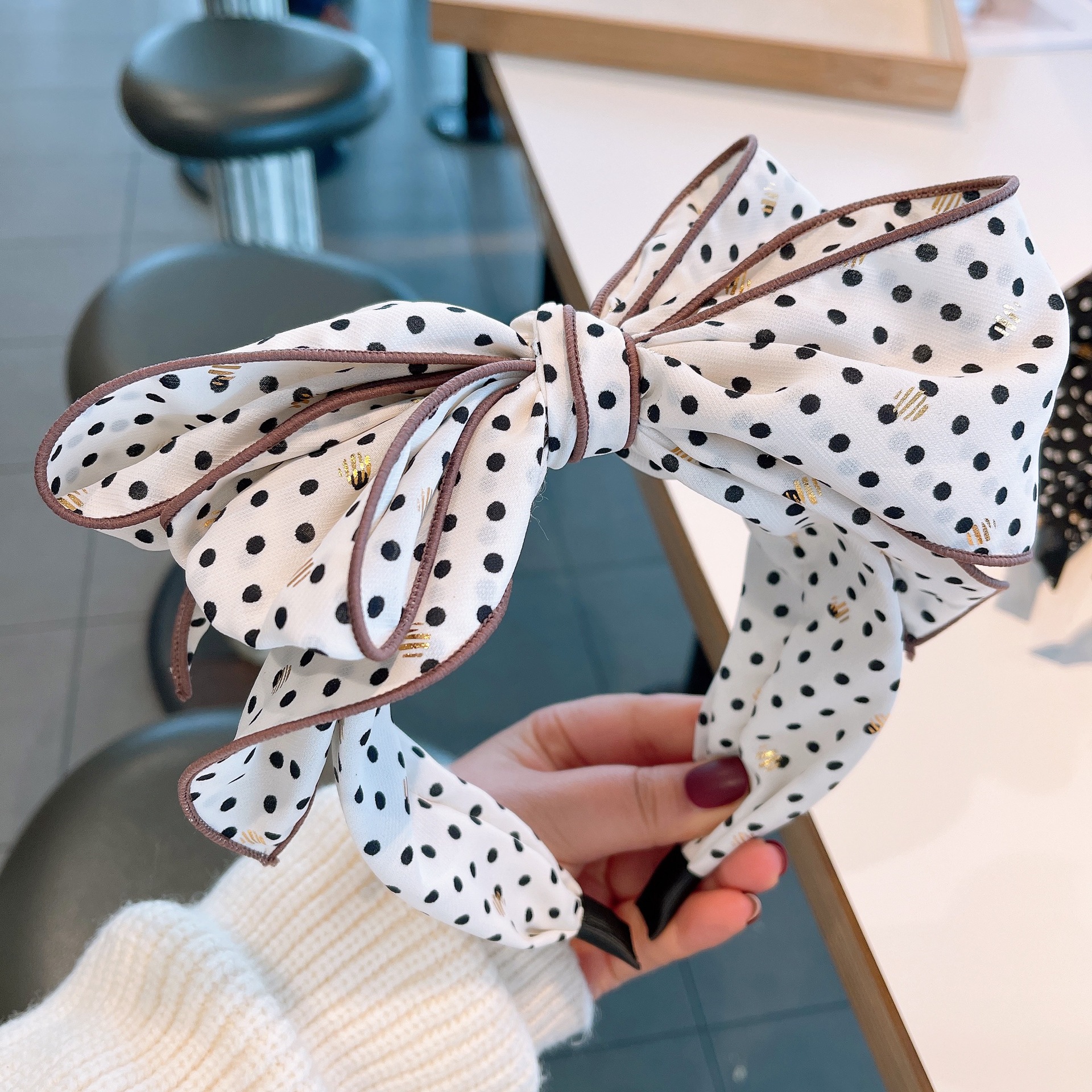 Vintage Contrast Color Cream Polka Dots Three-dimensional Bow Headband Wholesale display picture 2