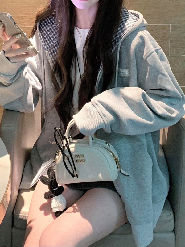 美式复古格子拼接开衫连帽卫衣女春秋季新款慵懒风国潮牌宽松外套|undefined