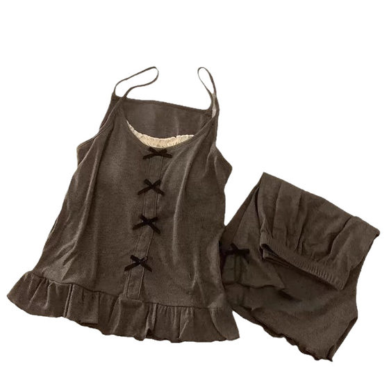 With chest pad gray sling pajamas women's summer new bow sleeveless high-end sense home clothes two-piece suit