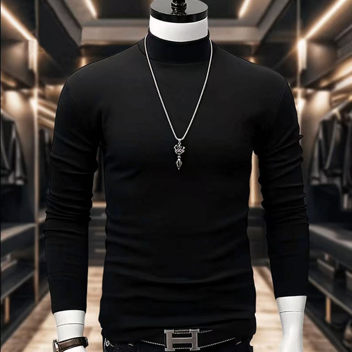 半高领打底衫长袖上衣男士秋冬韩版修身潮流内搭双面德绒ins