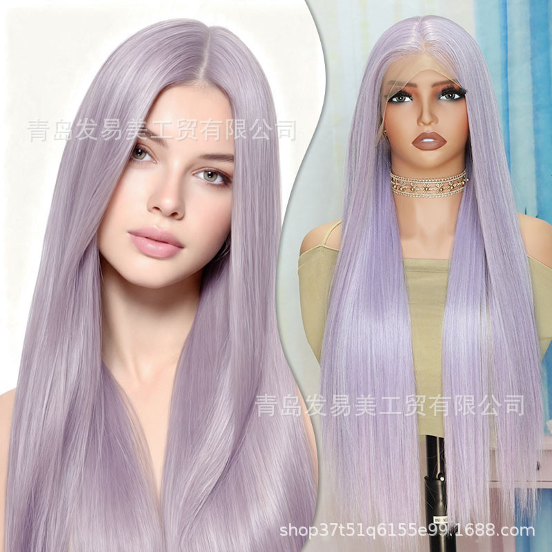 Taro purple wig with lace front, natural-looking synthetic high-temperature fiber, can be freely parted, glue-free, with pre-plucked hairline Taro purple wig with lace front, natural-looking synthetic high-temperature fiber, can be freely parted, glue-free, with pre-plucked hairline