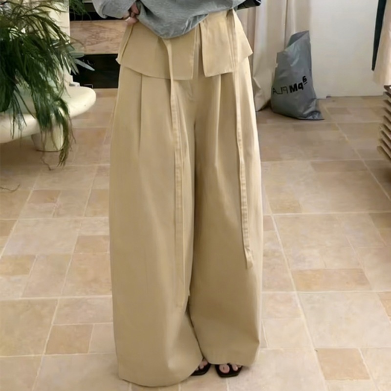 Shunailiang High-Waisted Slimming Versatile Drawstring Wide-Leg Pants, New Korean Style Pleated Faux Two-Piece Pants for Spring and Summer