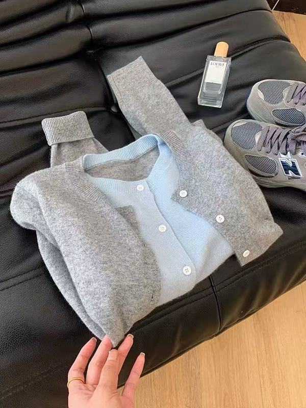 韩系假两件灰色针织开衫毛衣外套女气质设计感慵懒风早秋chic上衣|undefined