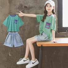 工厂销售女童夏装牛仔短裤套装2025儿童韩版中大童12岁女运动风