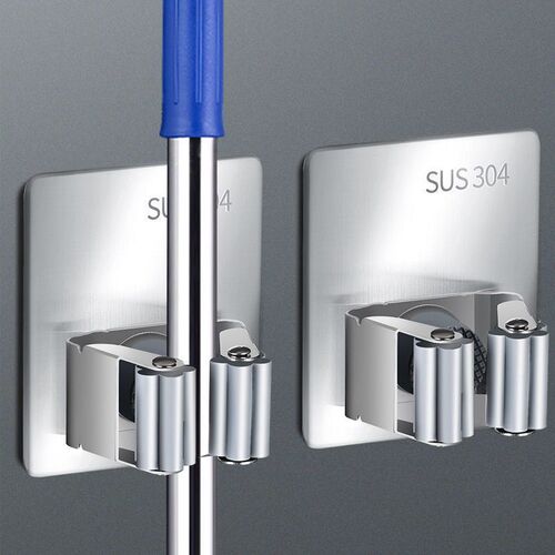304 Stainless Steel Push-in Wall-mounted Mop Holder without Screws or Drilling, Bathroom Cleaning Tool Organizer
