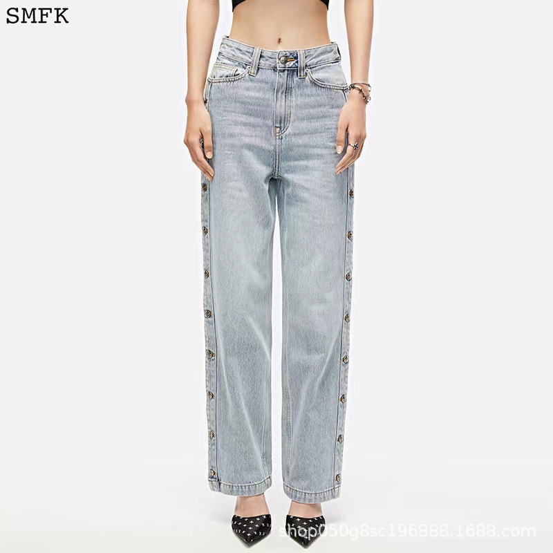 SMFK R skateboard deconstructed jeans Skater niche breasted design loose casual versatile straight pants women Autumn
