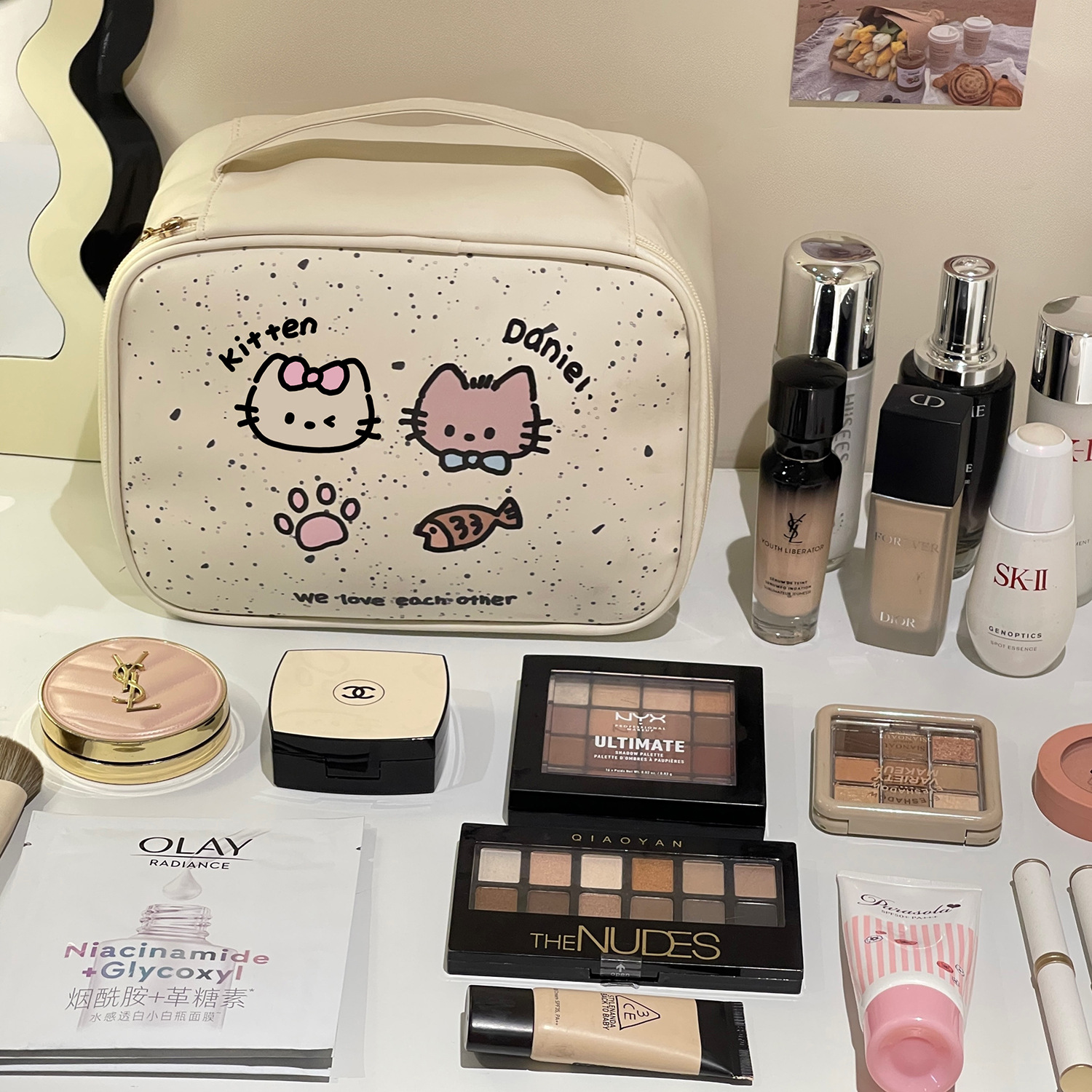 Estuche cosmético portátil para gatos lindos originales, bolsa cosmética de almacenamiento portátil para el cuidado de la piel de viaje de alta gama de gran capacidad