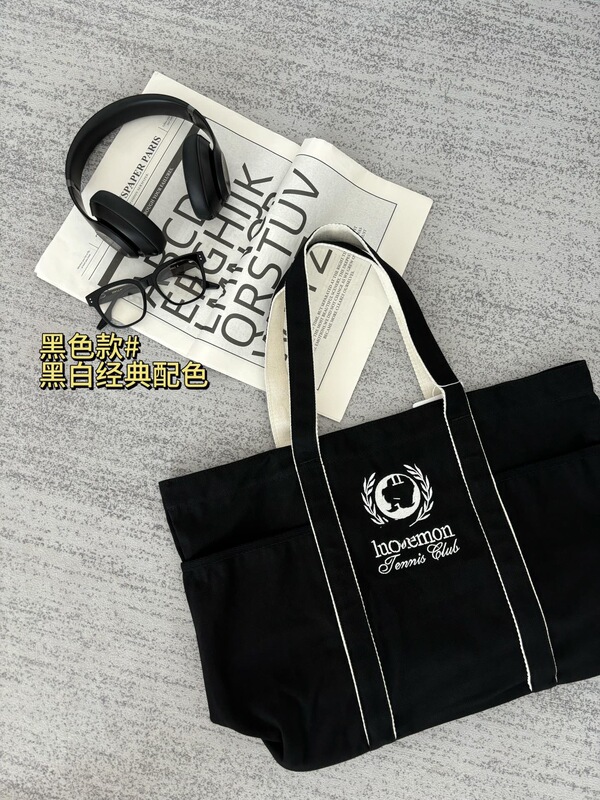 ルルバッグ 20L 刺繍トートバッグ トレンド マルチポケット キャンバス テニスバッグ ショルダー ハンドバッグ ネイビーブルー ホワイト|undefined