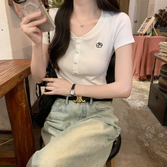 女性用右肩Vネック半袖Tシャツ、夏のホットガールスタイル、アメリカンレトロ、ハイエンド、スリムフィット、ショートトップス