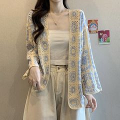 大码女装秋季新款胖mm法式复古钩花镂空针织开衫披肩防晒外搭上衣