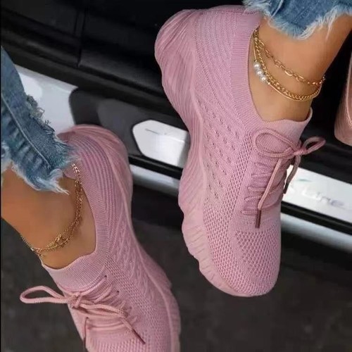New Model Foreign Trade Large Size Women's Sports Shoes with Laces, Mesh Surface, Thick Sole, Casual Flyknit Shoes, Breathable Low Heels
