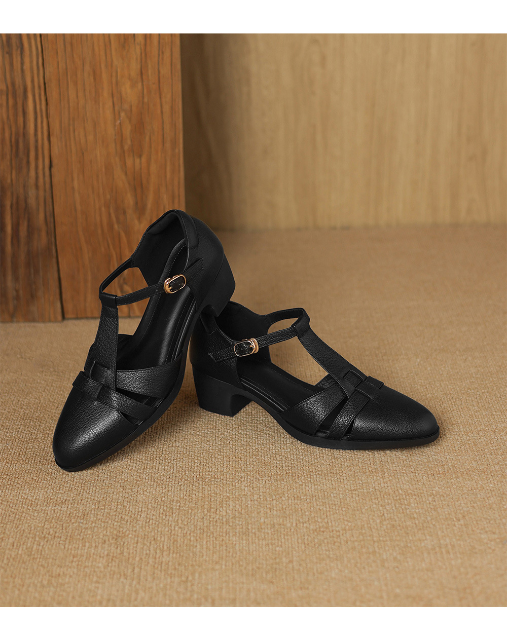 Sandal nữ gót vuông quai ngang phong cách La Mã, đế rỗng, dệt chéo khóa T — đen chi tiết 22