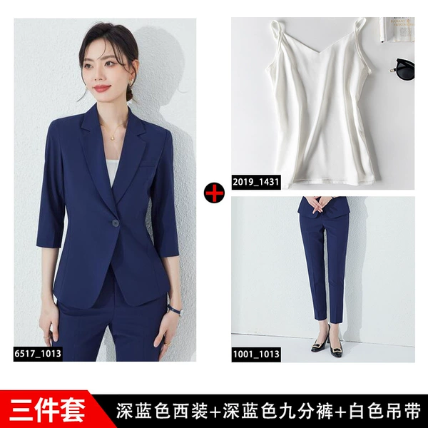 Classic suit jacket, blue trousers, T-shirt