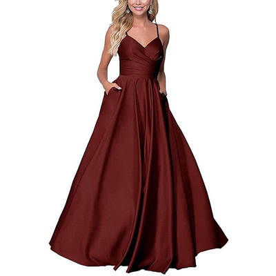 Amazon EVening Dresses Long Prom Gowns Satin V Neck Straps A-line with Pocket EVening Dress Factory Wholesale