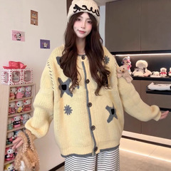 韩系复古星星黄色毛衣外套女秋季慵懒高级感宽松粗线针织开衫上衣