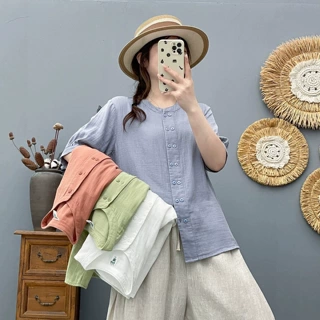 简约文艺双排扣中袖透气双层棉纱衬衫 女夏季新款纯色休闲衬衣