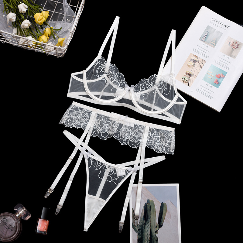 Mesh cross strap garter belt translucent lingerie three-piece set NSWY43653
