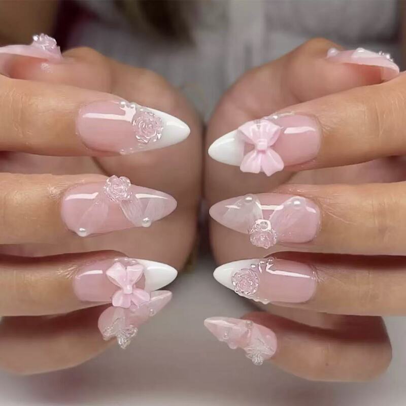 Foreign trade nail nail piece French pink three-dimensional bow camellia pearl ribbon wearing nail fake nail patch