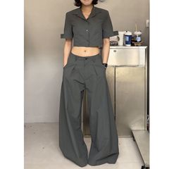 R13十三行25春夏新款灰绿色短袖衬衫廓形宽松阔腿裤套装9118