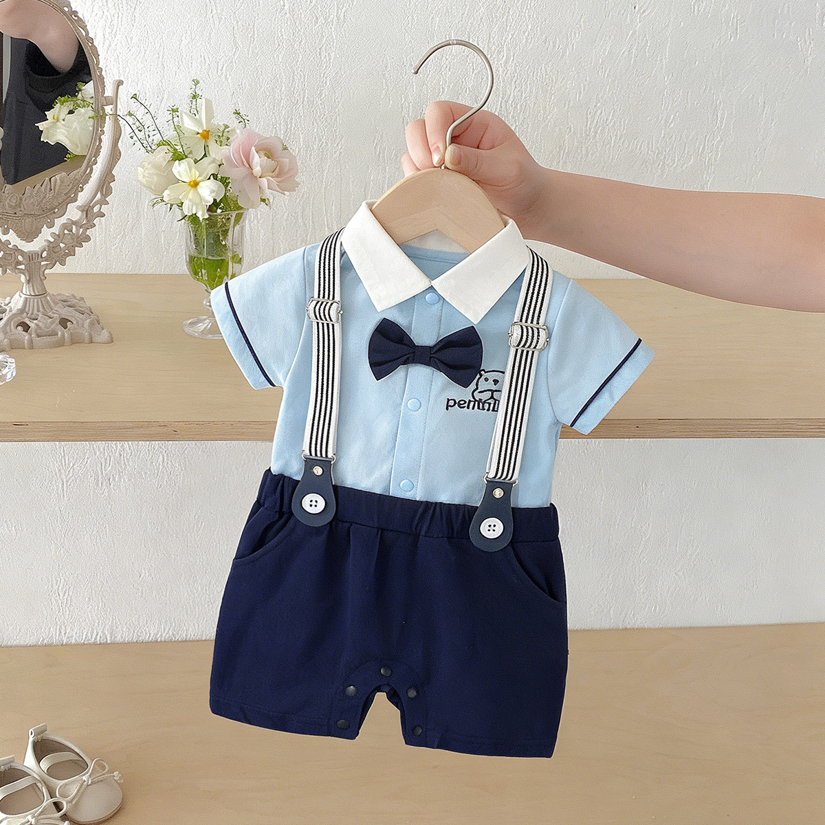 Summer Gentleman Style Onesie with Straps, Faux Two-Piece Baby Short-Sleeved Romper for Boys' First Birthday Dress