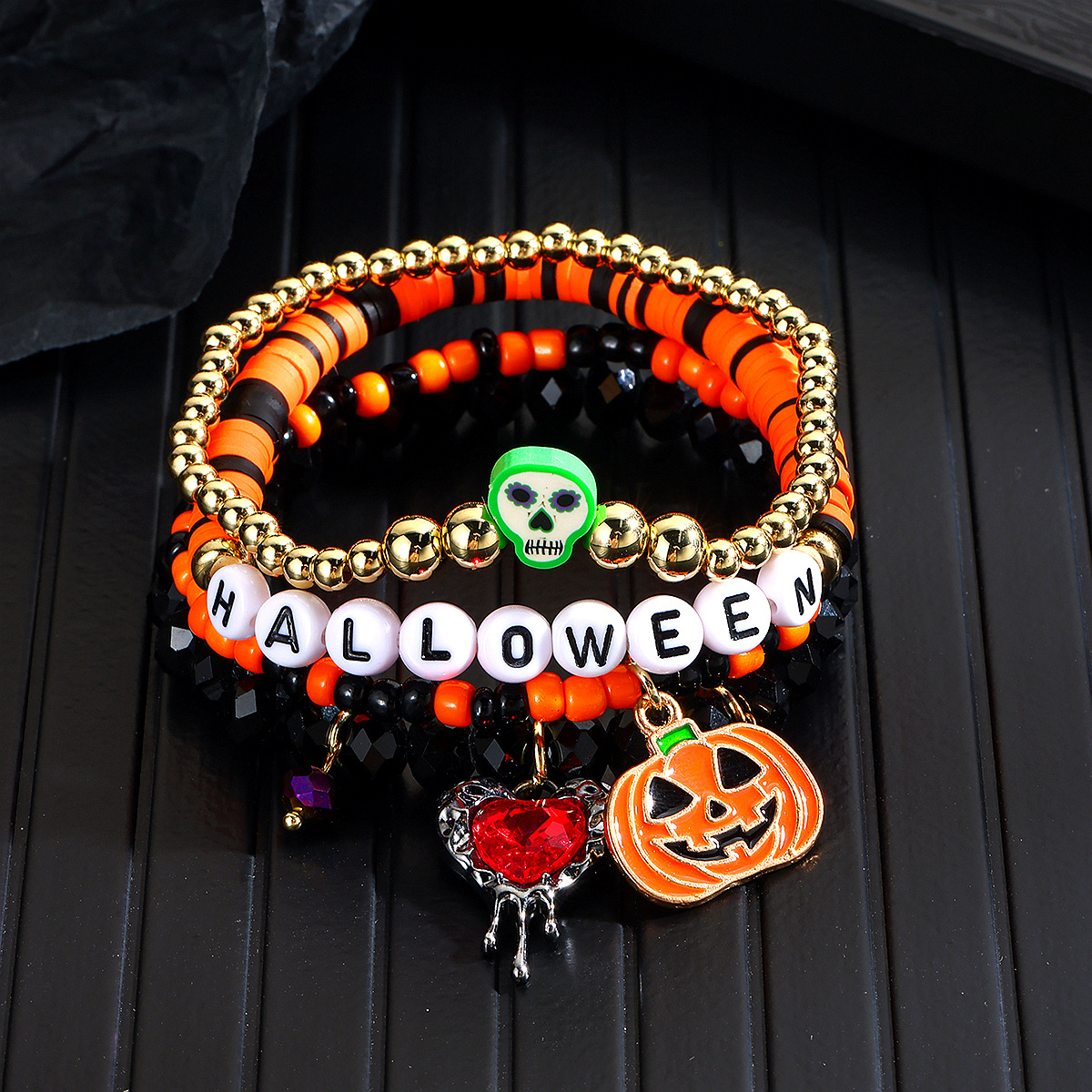 bracelet set hot selling rice beads orange pumpkin skull pendant Halloween bracelet_voghion.com