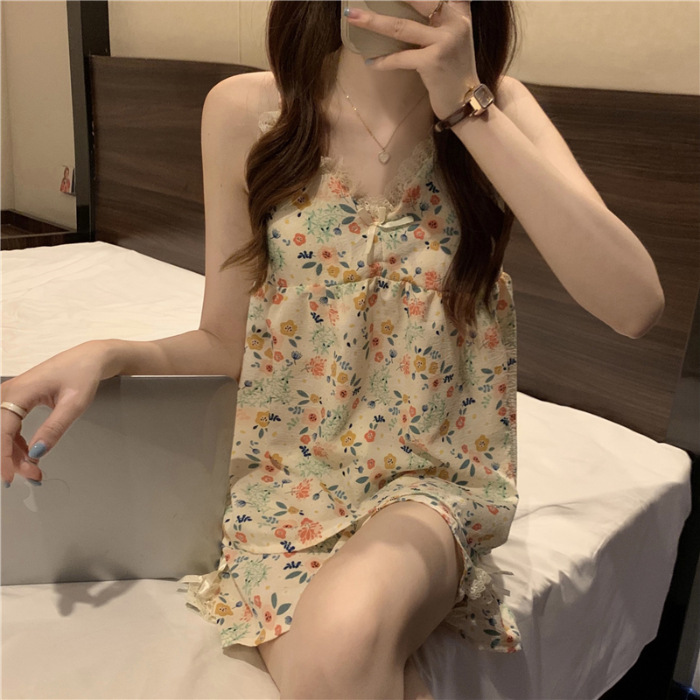 Algodón artificial con almohadilla en el pecho pijamas pantalones de tirantes de mujer ropa de casa de dos piezas se puede usar fuera estilo coreano ins Wind Net Red transmisión en vivo