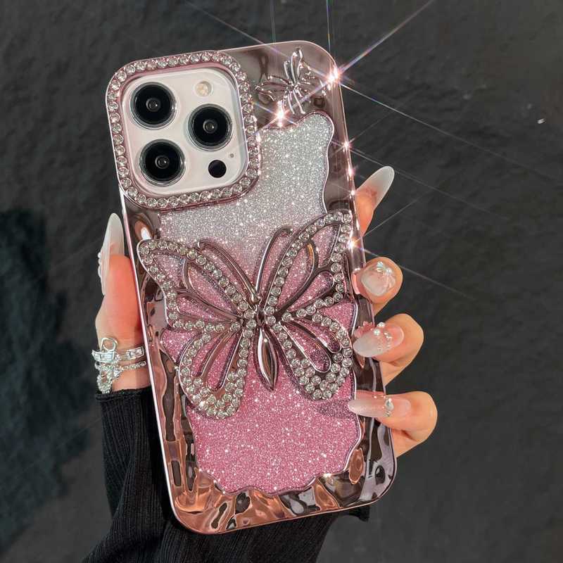 新款渐变闪粉镂空大蝴蝶水钻iPhone17promax手机壳适用16软电镀15|undefined
