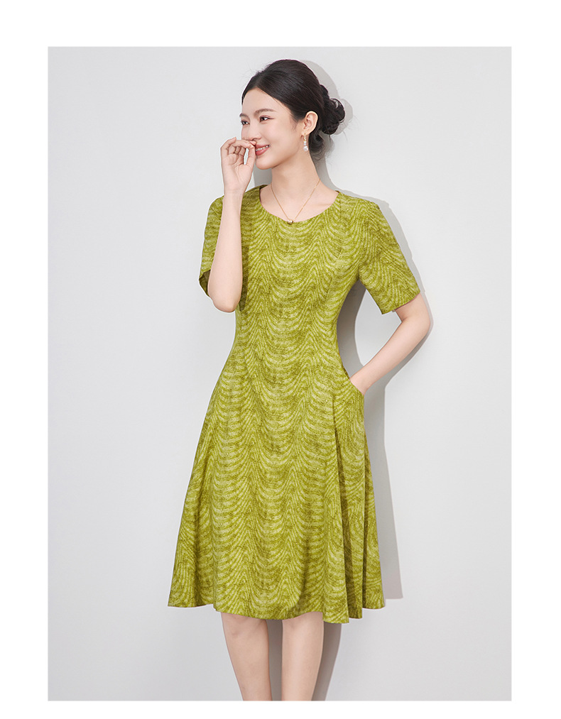 Váy in họa tiết cổ tròn eo thắt thanh lịch thiết kế giảm tuổi mùa hè — kiwi xanh chi tiết 7