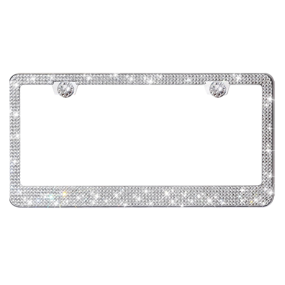Universal Stainless Steel Car License Plate Frame with Rhinestones (License plate holder/license plate holder) - white