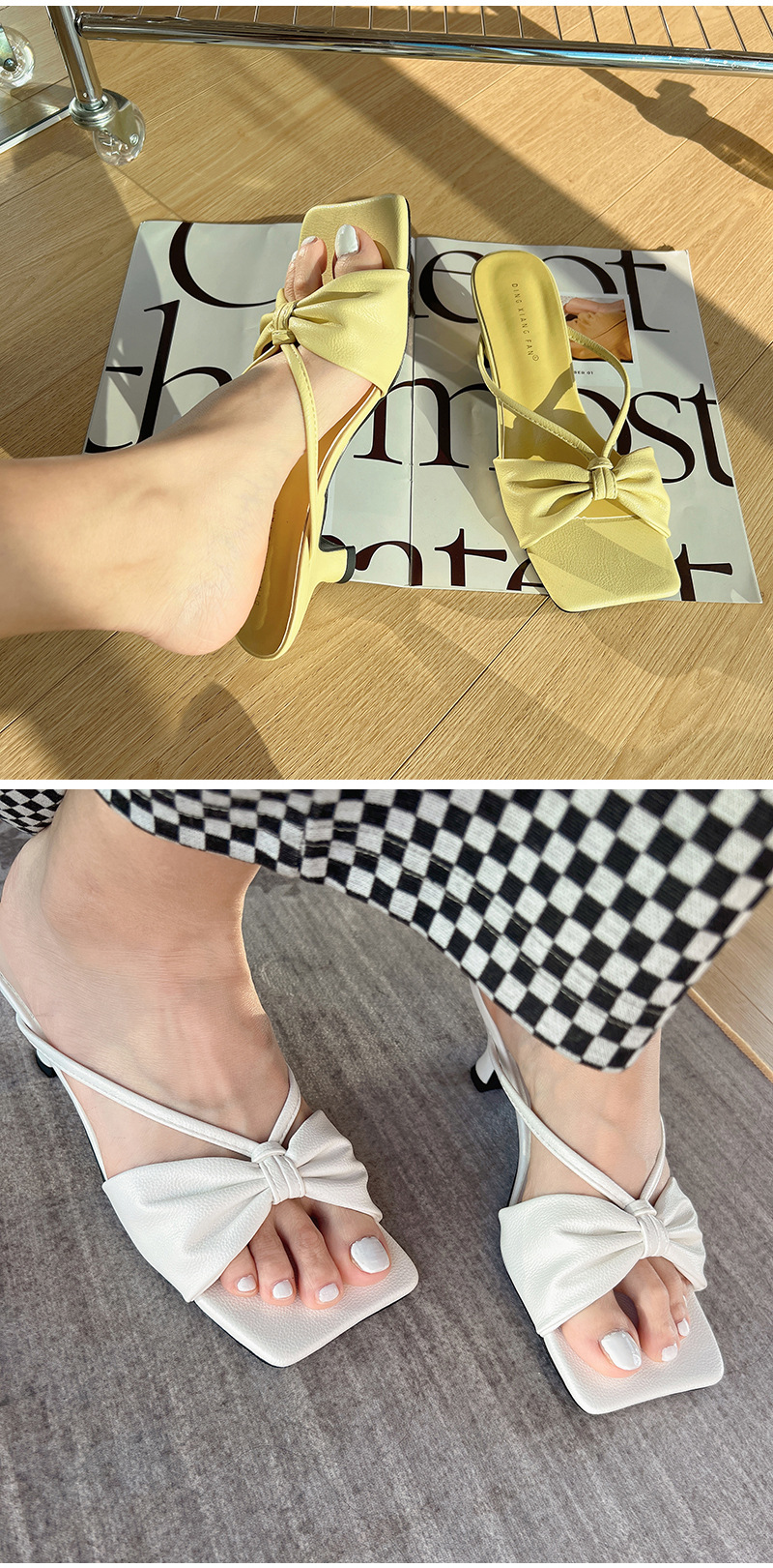 square head bow solid color pu leather high-heel slippers NSZLX118300