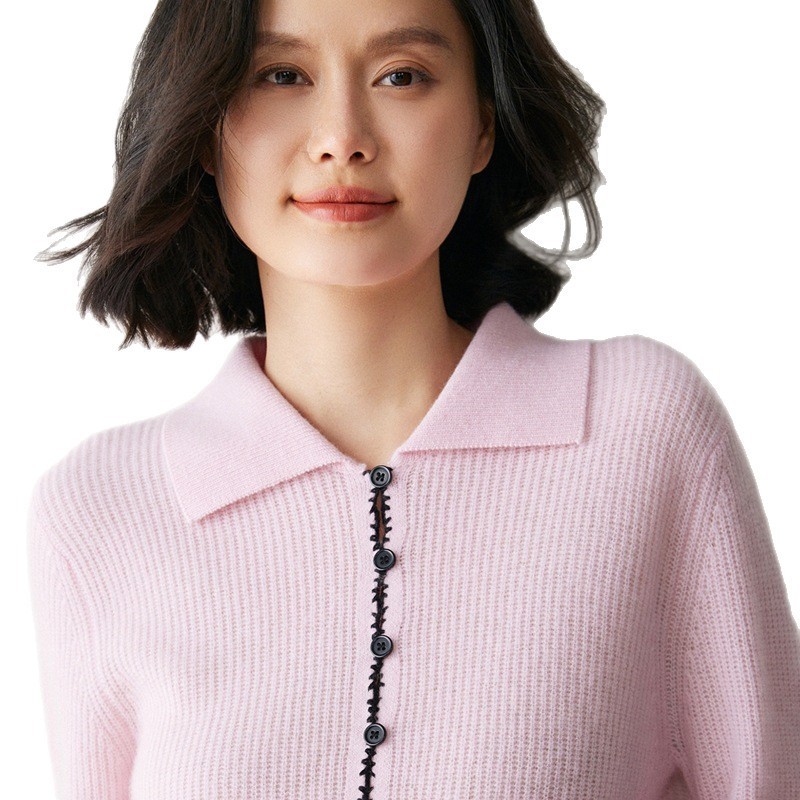 拼色手工钩边小香风翻领羊绒开衫毛衣女2025秋冬新款百搭减龄内搭|undefined