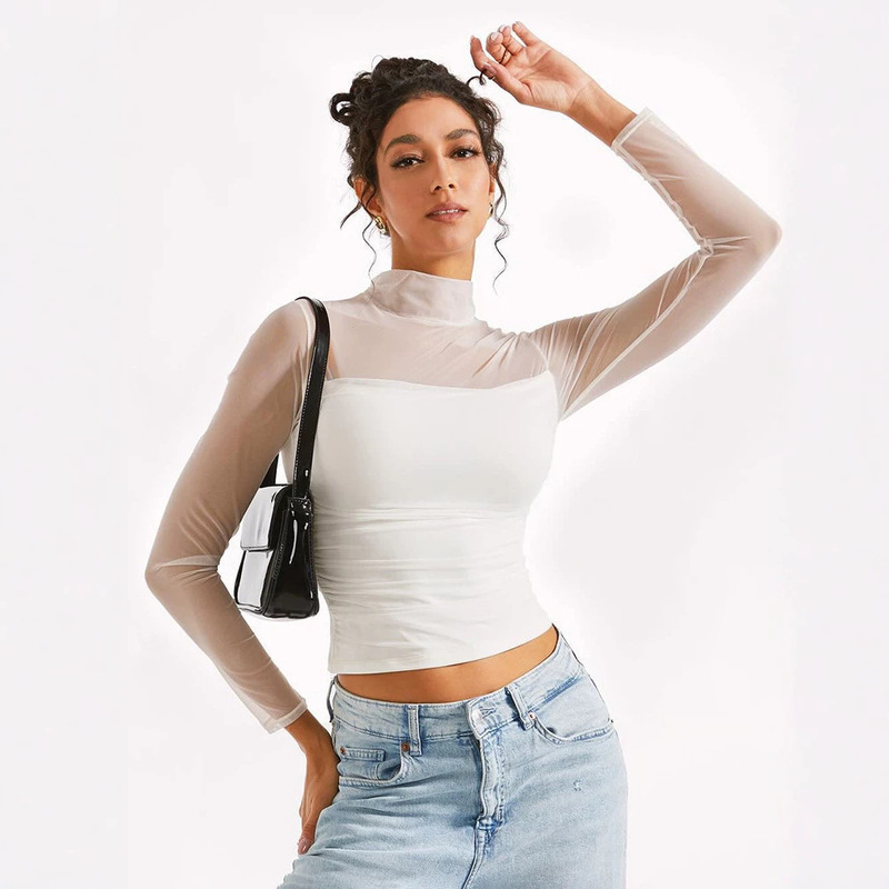 Y24Tp540 European and American Women's Fashion Autumn New Solid Color Half-High Collar Mesh Splicing Sexy T-Shirt Top Y24Tp540 European and American Women's Fashion Autumn New Solid Color Half-High Collar Mesh Splicing Sexy T-Shirt Top