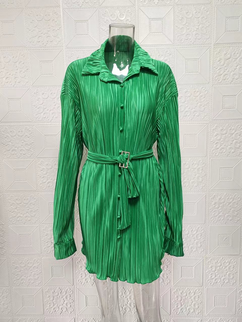 Women's Clothing 2024 women's new shirt collar fashion women's elastic waist pleated long sleeved lace up dress_mkmklike.com