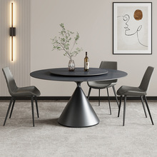 黑色岩板餐桌意式极简轻奢圆桌家用带转盘中小户型圆形6-8人饭桌