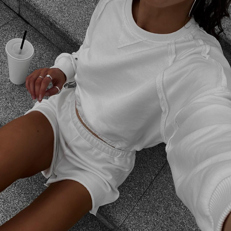 solid color long-sleeved sweatshirt and shorts two-piece lounge set NSLJ138435