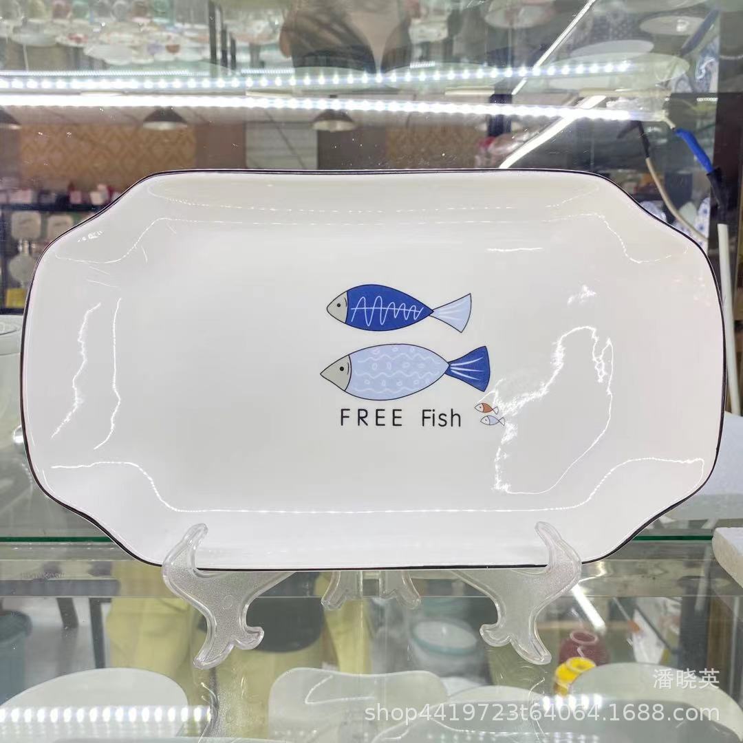 12 pulgadas de placa de pescado de cerámica Placa de impresión blanca hogar vajilla de cerámica tazón Placa de pescado al por mayor gran cantidad Congou
