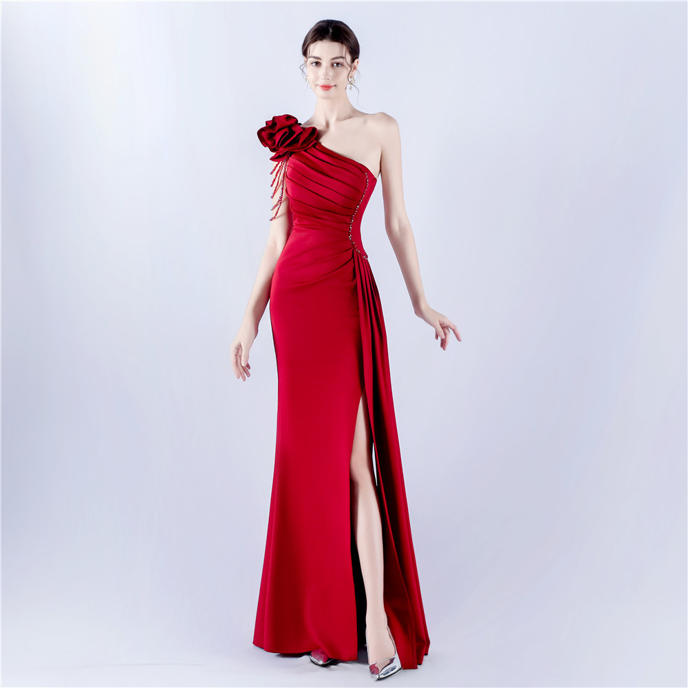Women Clothing Heavy Industry Beads Handmade Artistic Floral Pleated Craft Satin off the Shoulder High Fork Evening Dress