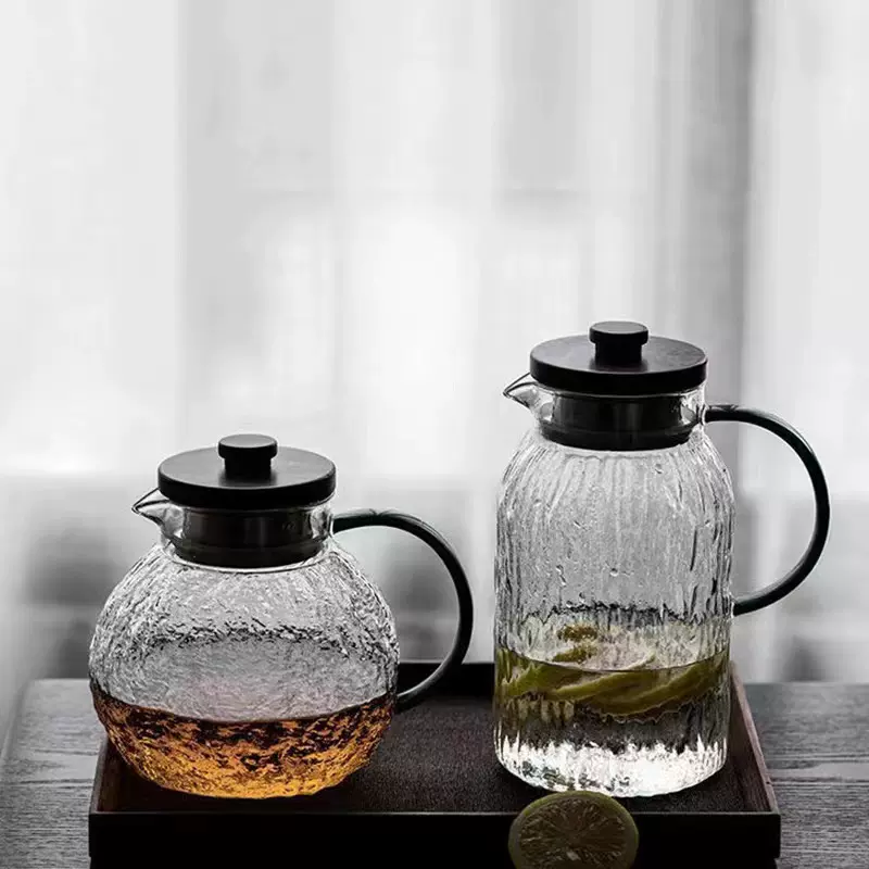 日式锤纹冷水壶玻璃加厚耐高温家用大容量直身泡茶壶带过滤凉水壶