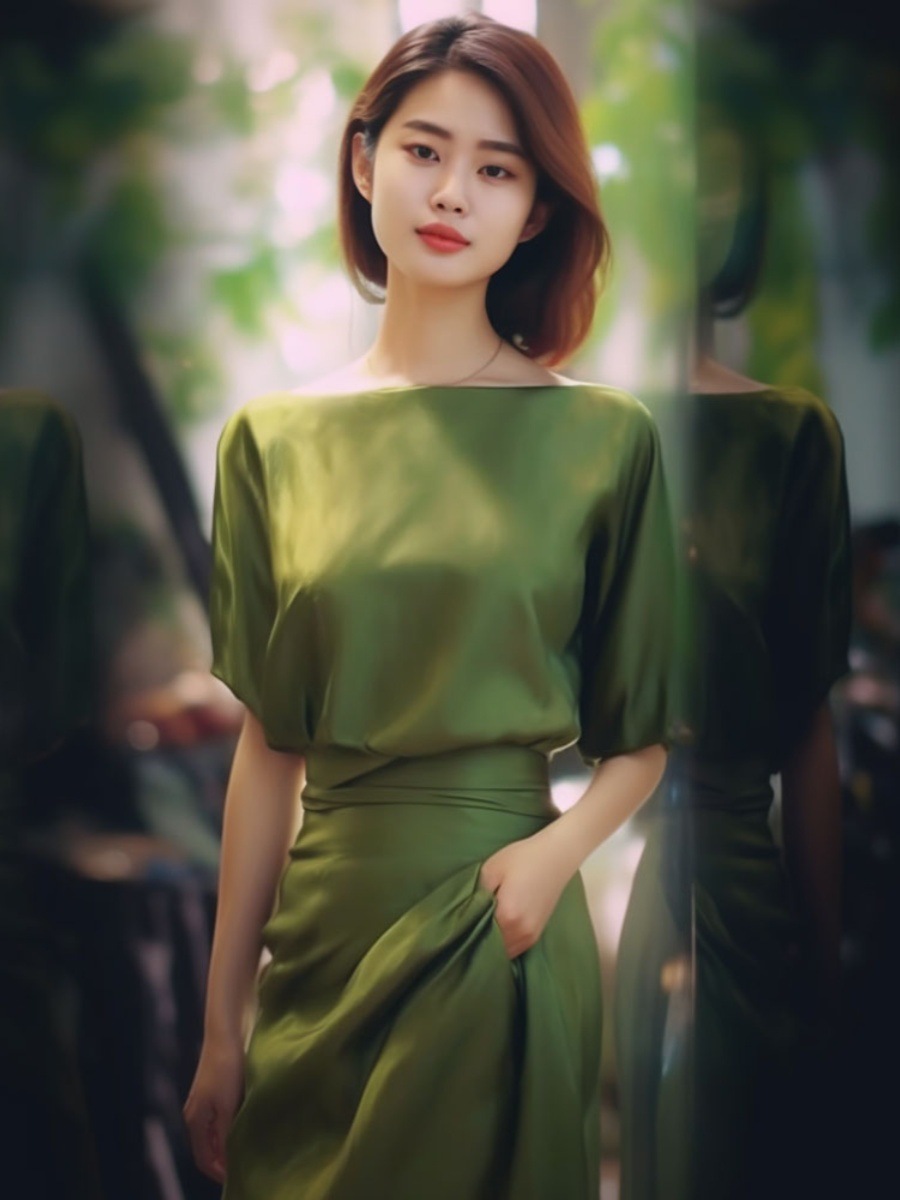 Đầm midi nữ phong cách Pháp eo thon dài qua gối — Váy liền màu xanh lá