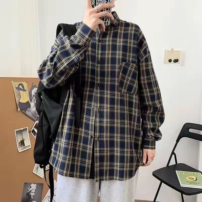 格子衬衫男韩版潮流痞帅男生上衣服宽松百搭外套情侣长袖衬衣男