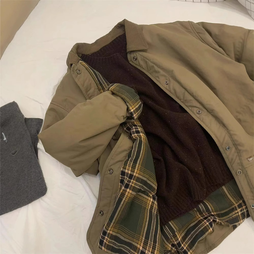 気質のある襟付き中綿チェック柄コットンコート 2025秋冬新作 ゆったりミドル丈 韓国風コットンコート