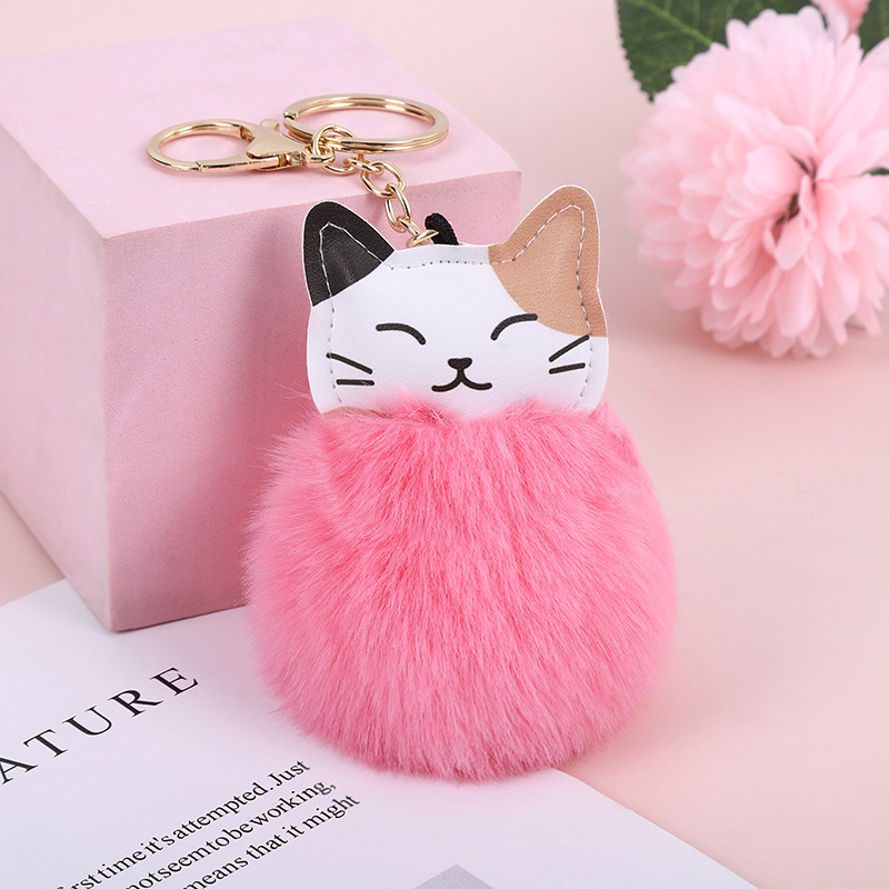 Cute Cat Pu Leather Alloy Plush Printing Bag Pendant Keychain display picture 2