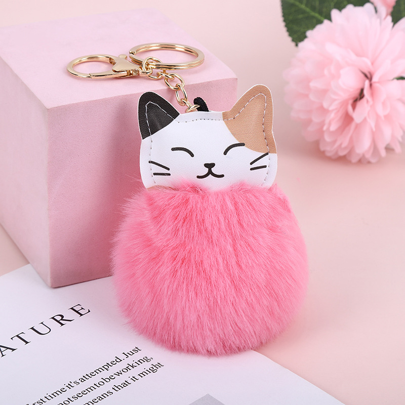 Bag Pendant, Keychain Classification Cute Cat Pu Leather Alloy Plush Printing Bag Pendant Keychain